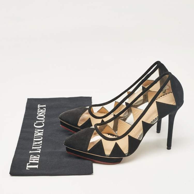 Pre Owned Charlotte Olympia Black PVC and Suede Platform Pumps Size 37.5