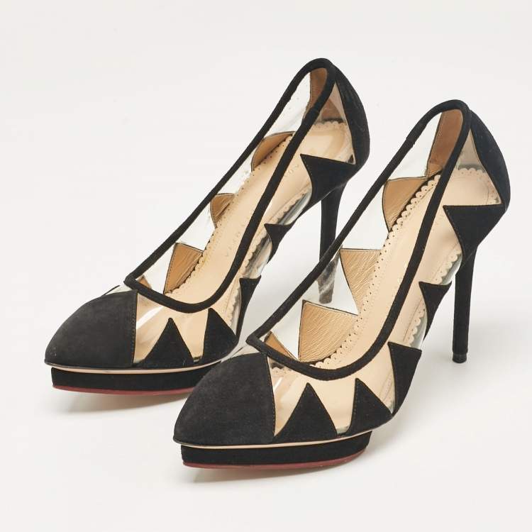 Pre Owned Charlotte Olympia Black PVC and Suede Platform Pumps Size 37.5