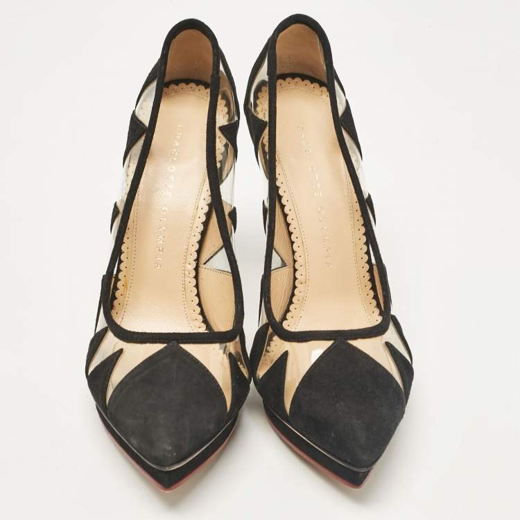 Pre Owned Charlotte Olympia Black PVC and Suede Platform Pumps Size 37.5