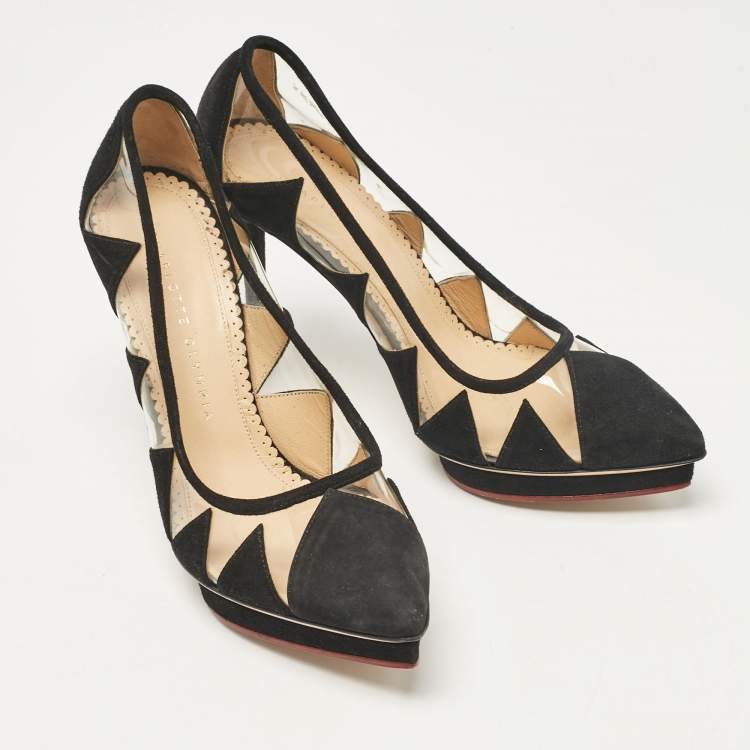 Pre Owned Charlotte Olympia Black PVC and Suede Platform Pumps Size 37.5