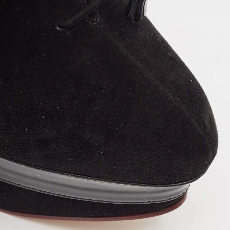 Pre Owned Charlotte Olympia Black Suede and Patent Leather Martha Wedge Booties Size 40