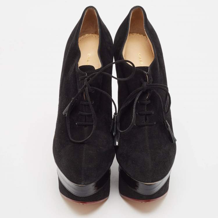 Pre Owned Charlotte Olympia Black Suede and Patent Leather Martha Wedge Booties Size 40