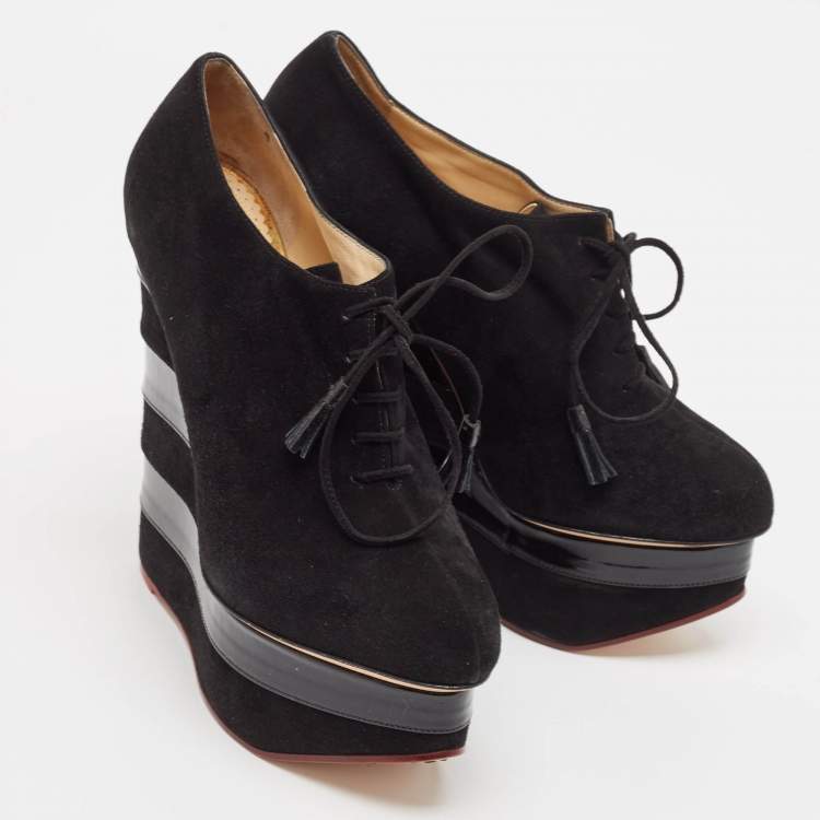Pre Owned Charlotte Olympia Black Suede and Patent Leather Martha Wedge Booties Size 40