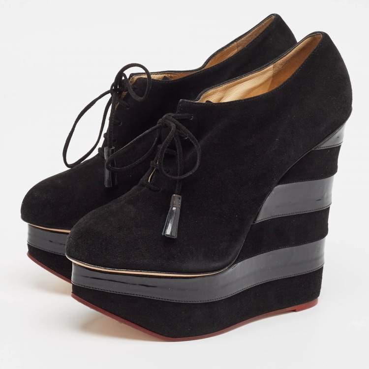 Pre Owned Charlotte Olympia Black Suede and Patent Leather Martha Wedge Booties Size 40