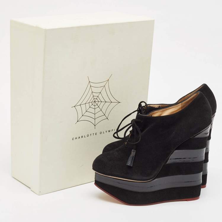 Pre Owned Charlotte Olympia Black Suede and Patent Leather Martha Wedge Booties Size 40