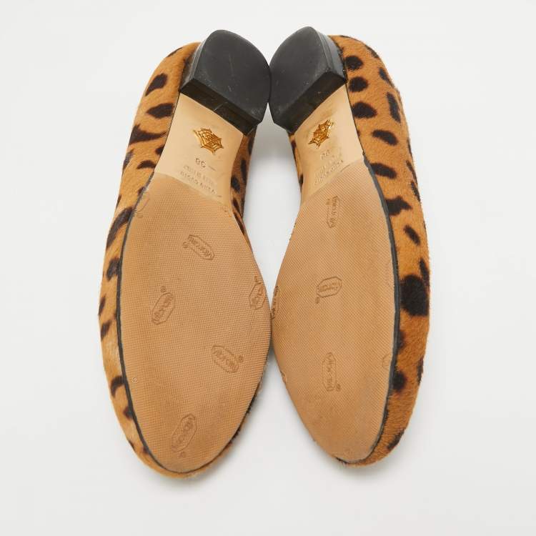 Pre Owned Charlotte Olympia Brown Leopard Print Calf Hair Cat Ballet Flats Size 38