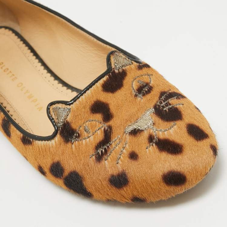 Pre Owned Charlotte Olympia Brown Leopard Print Calf Hair Cat Ballet Flats Size 38