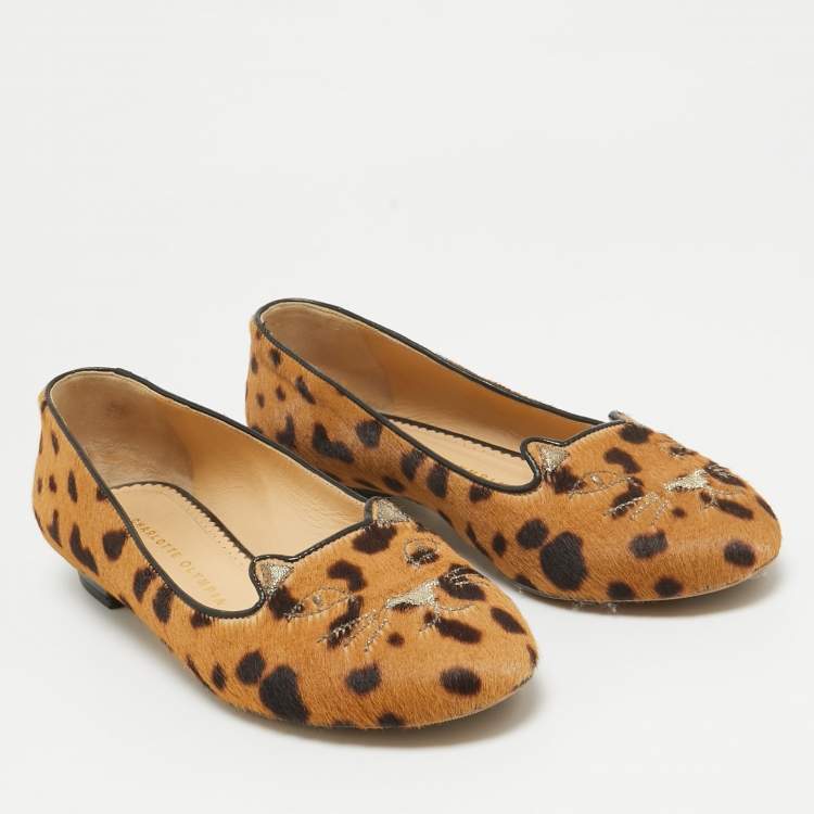 Pre Owned Charlotte Olympia Brown Leopard Print Calf Hair Cat Ballet Flats Size 38