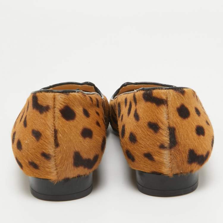 Pre Owned Charlotte Olympia Brown Leopard Print Calf Hair Cat Ballet Flats Size 38