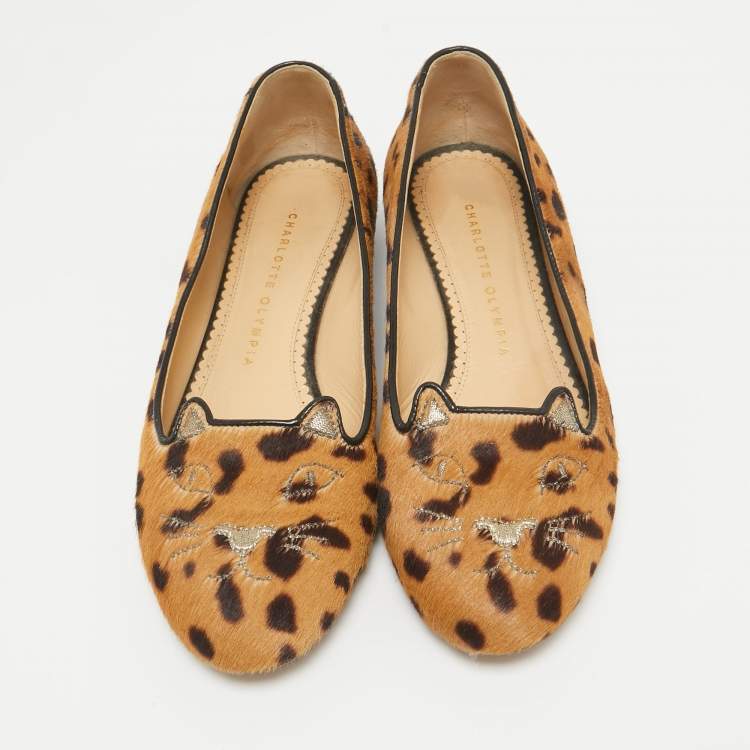 Pre Owned Charlotte Olympia Brown Leopard Print Calf Hair Cat Ballet Flats Size 38