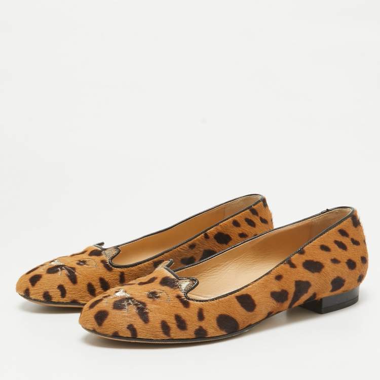 Pre Owned Charlotte Olympia Brown Leopard Print Calf Hair Cat Ballet Flats Size 38