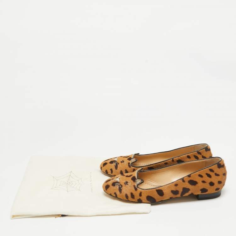 Pre Owned Charlotte Olympia Brown Leopard Print Calf Hair Cat Ballet Flats Size 38