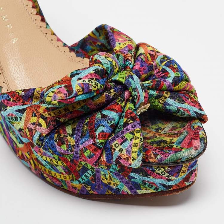 Pre Owned Charlotte Olympia Multicolor Printed Fabric Knotted Bow Ankle Strap Wedge Sandals Size 39.5