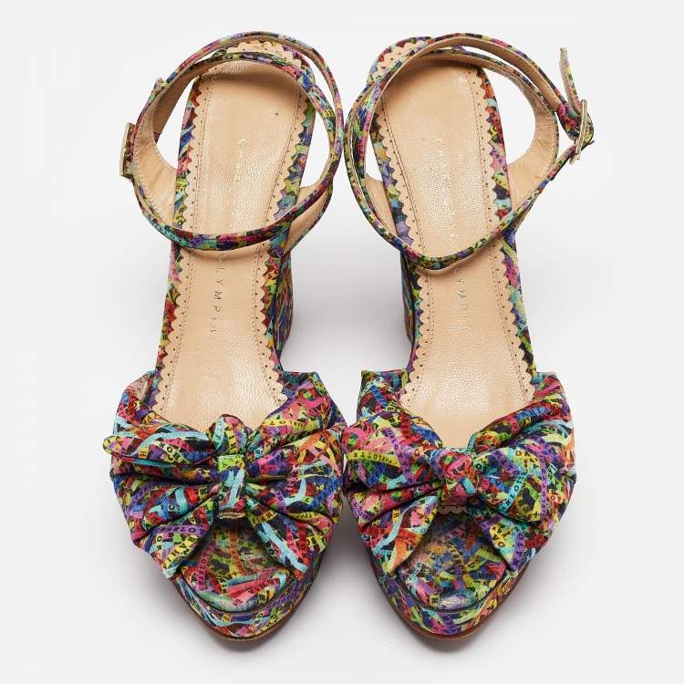 Pre Owned Charlotte Olympia Multicolor Printed Fabric Knotted Bow Ankle Strap Wedge Sandals Size 39.5