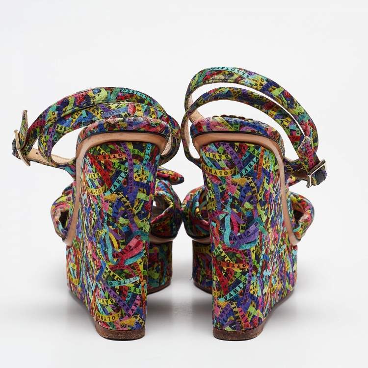 Pre Owned Charlotte Olympia Multicolor Printed Fabric Knotted Bow Ankle Strap Wedge Sandals Size 39.5