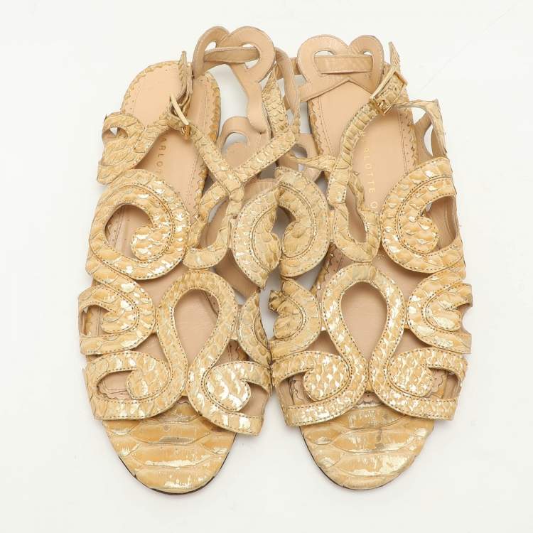 Pre Owned Charlotte Olympia Yellow/Gold Python Cut Out Strappy Flat Sandals Size 38