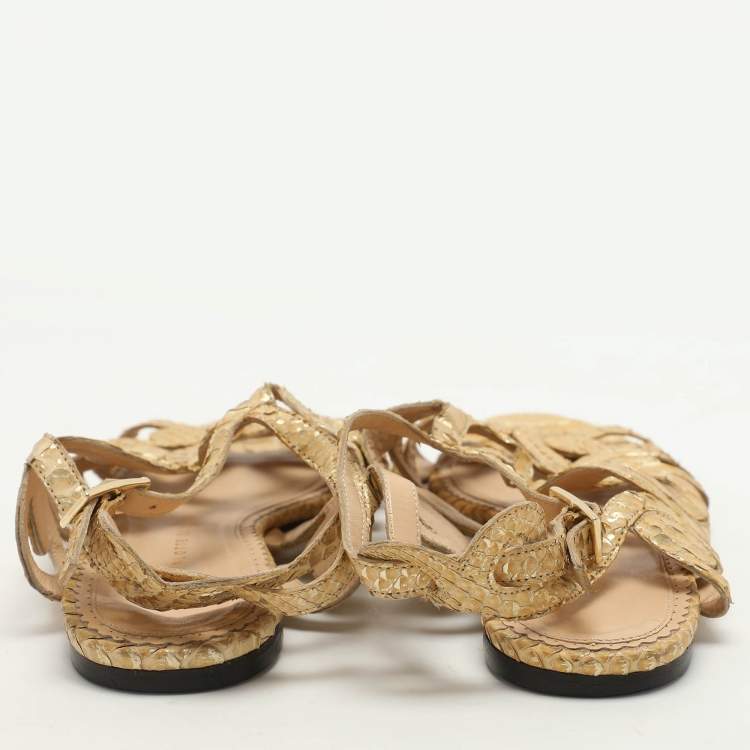 Pre Owned Charlotte Olympia Yellow/Gold Python Cut Out Strappy Flat Sandals Size 38