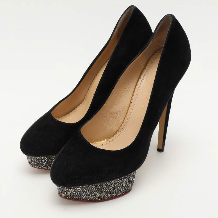 Pre Owned Charlotte Olympia Black Suede Dolly Platform Pumps Size 39