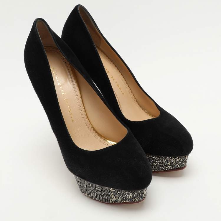 Pre Owned Charlotte Olympia Black Suede Dolly Platform Pumps Size 39