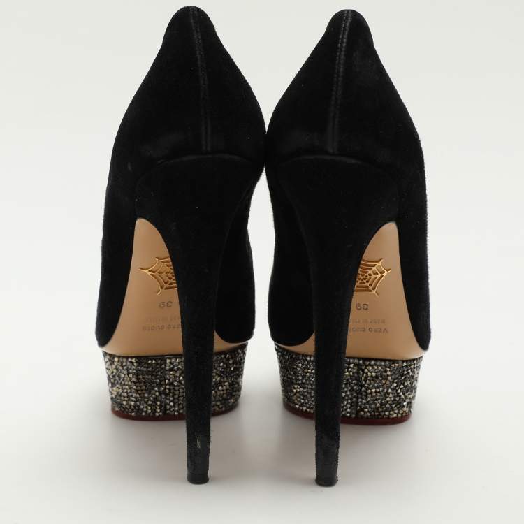 Pre Owned Charlotte Olympia Black Suede Dolly Platform Pumps Size 39