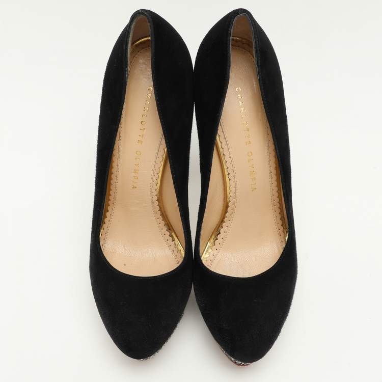 Pre Owned Charlotte Olympia Black Suede Dolly Platform Pumps Size 39
