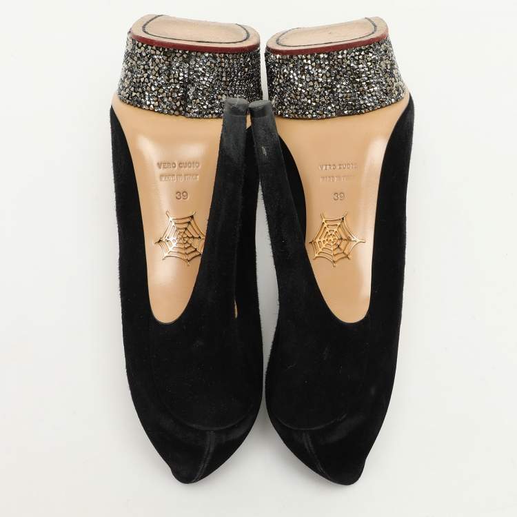 Pre Owned Charlotte Olympia Black Suede Dolly Platform Pumps Size 39