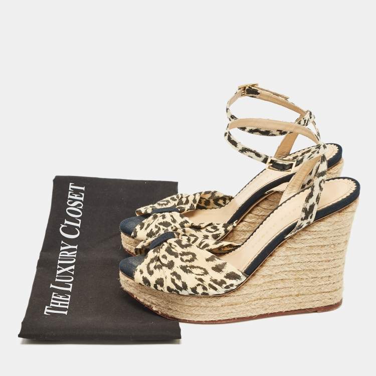 Pre Owned Charlotte Olympia Beige/Black Fabric Wedge Espadrille Sandals Size 38
