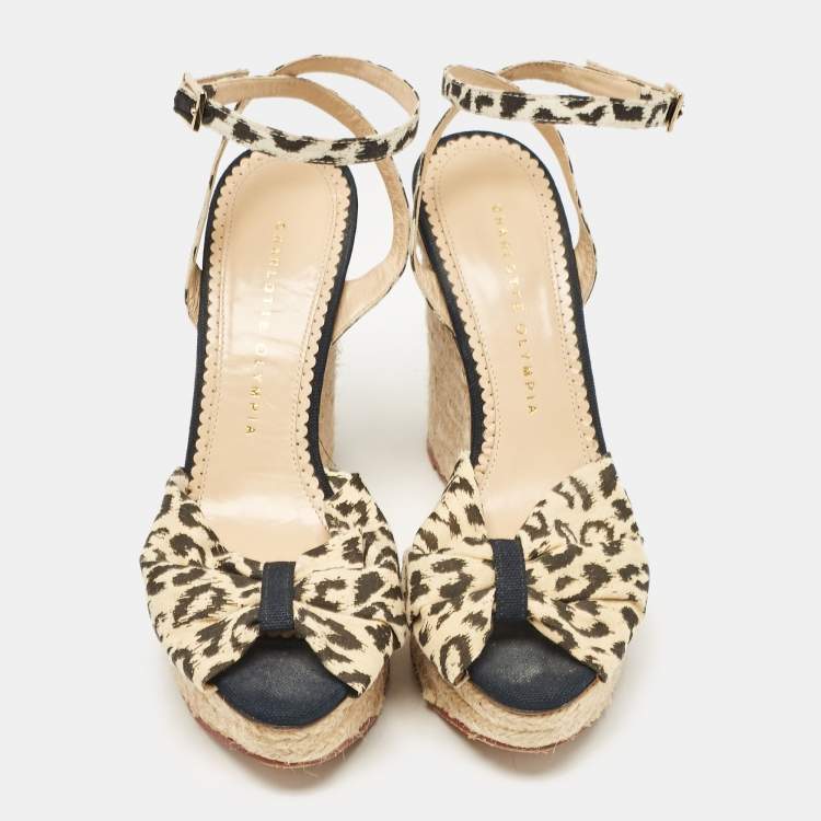 Pre Owned Charlotte Olympia Beige/Black Fabric Wedge Espadrille Sandals Size 38