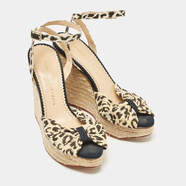 Pre Owned Charlotte Olympia Beige/Black Fabric Wedge Espadrille Sandals Size 38