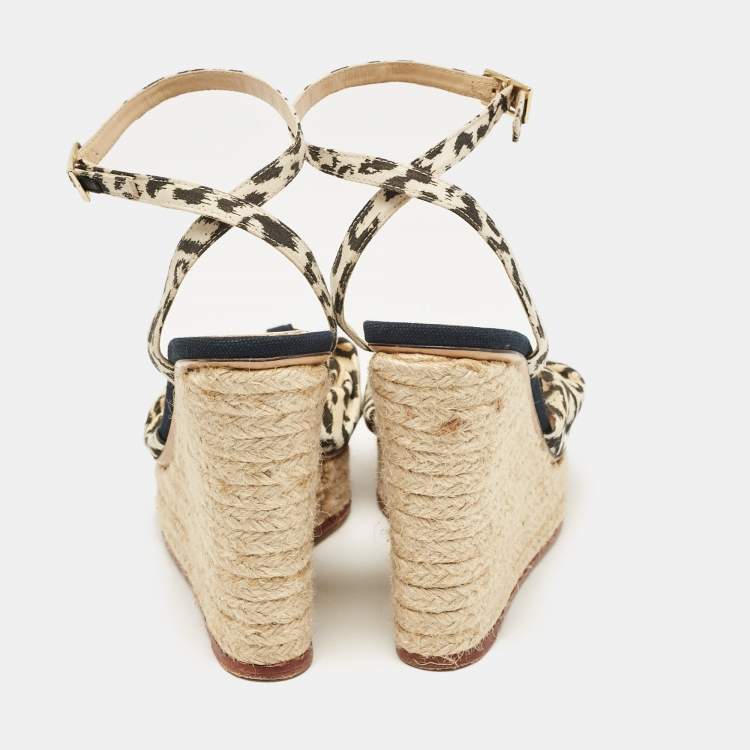 Pre Owned Charlotte Olympia Beige/Black Fabric Wedge Espadrille Sandals Size 38