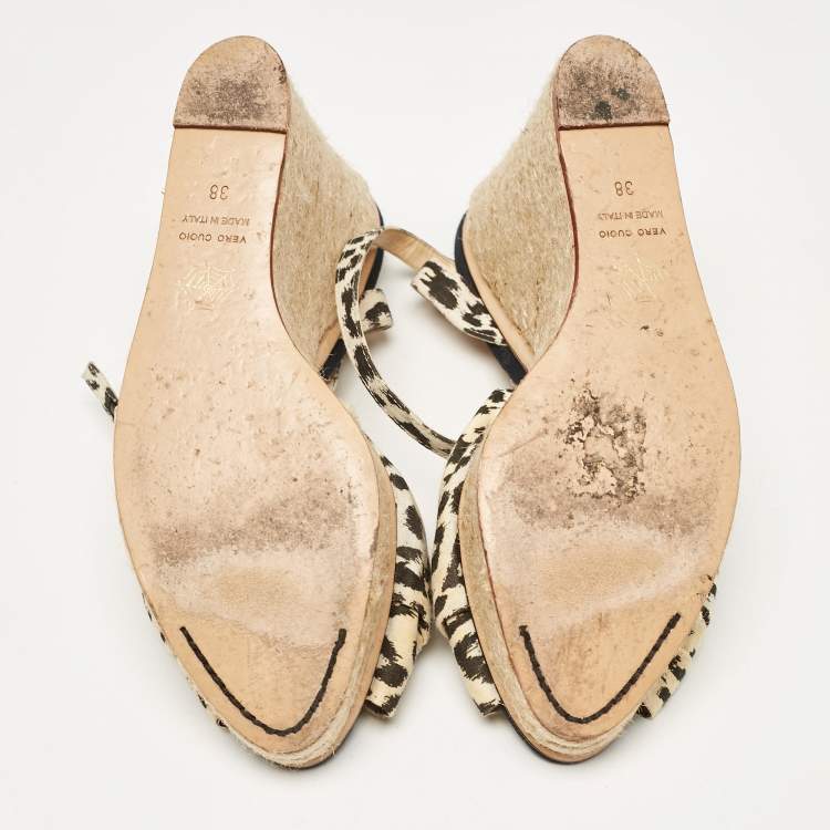 Pre Owned Charlotte Olympia Beige/Black Fabric Wedge Espadrille Sandals Size 38