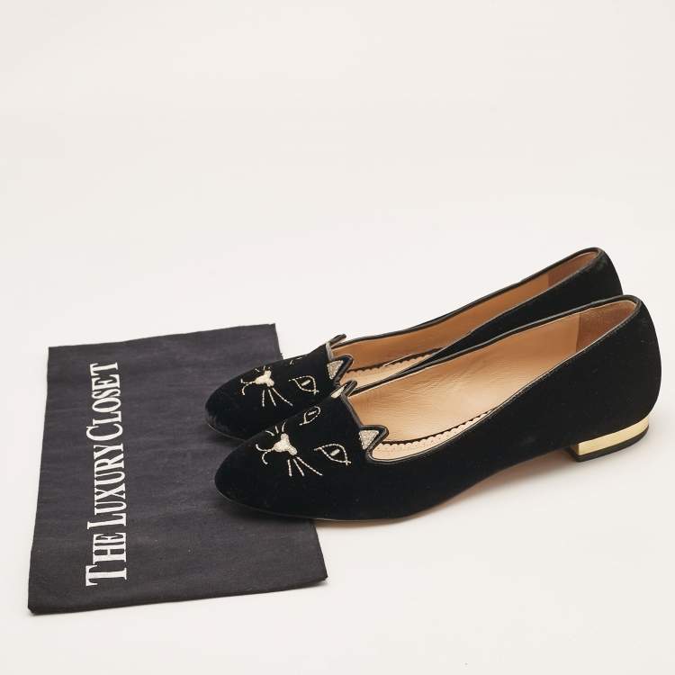 Pre Owned Charlotte Olympia Black Velvet Embroidered Kitty Ballet Flats Size 38.5