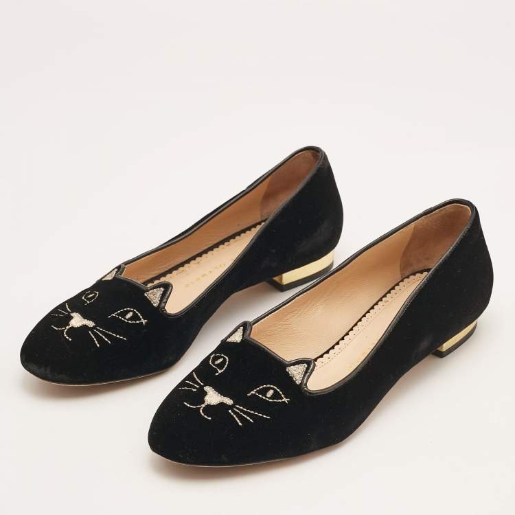 Pre Owned Charlotte Olympia Black Velvet Embroidered Kitty Ballet Flats Size 38.5