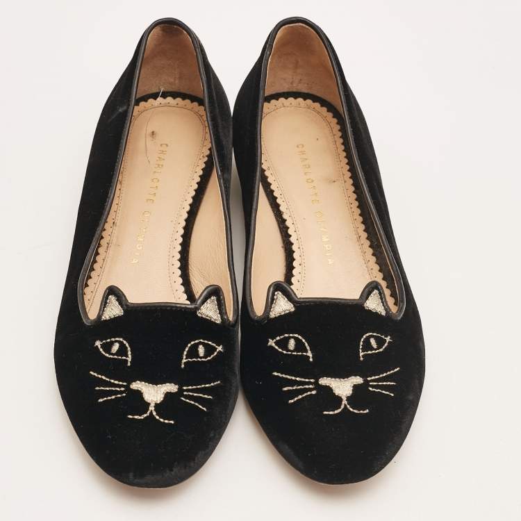 Pre Owned Charlotte Olympia Black Velvet Embroidered Kitty Ballet Flats Size 38.5