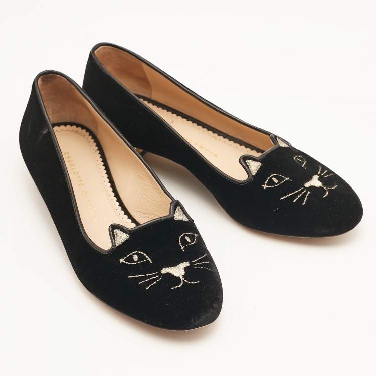 Pre Owned Charlotte Olympia Black Velvet Embroidered Kitty Ballet Flats Size 38.5