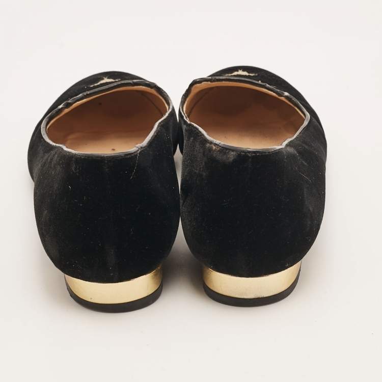 Pre Owned Charlotte Olympia Black Velvet Embroidered Kitty Ballet Flats Size 38.5