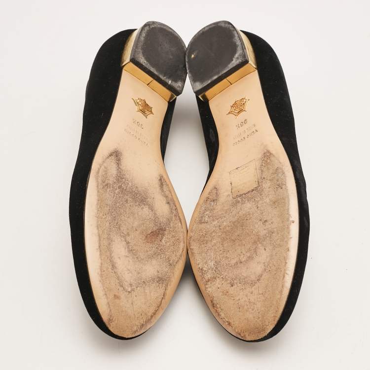 Pre Owned Charlotte Olympia Black Velvet Embroidered Kitty Ballet Flats Size 38.5