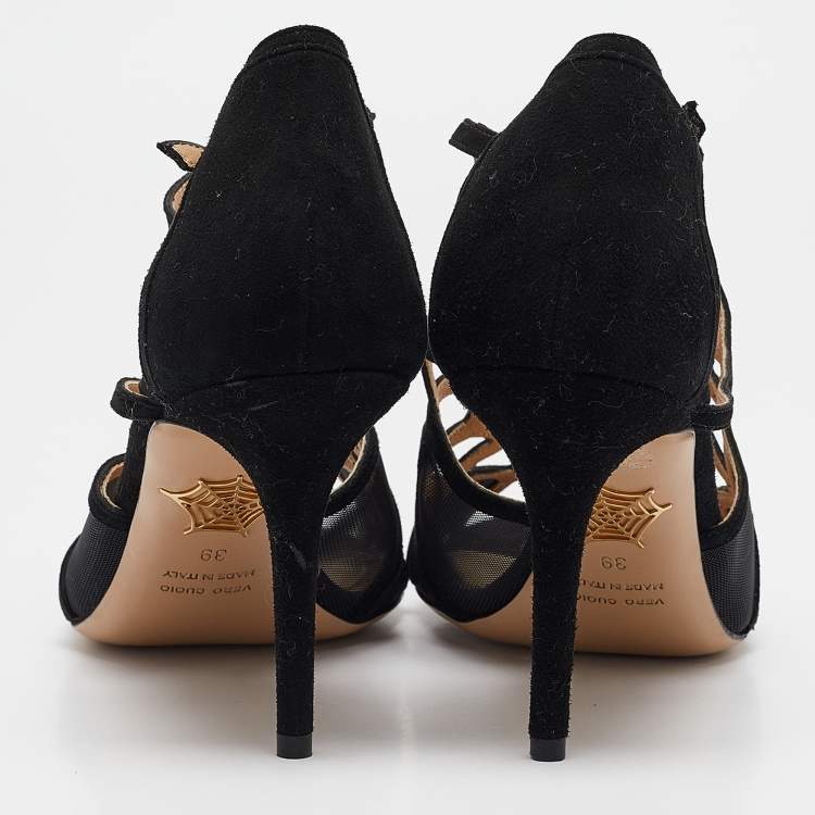 Pre Owned Charlotte Olympia Black Cutout Suede And Mesh Lotte Sandals Size 39
