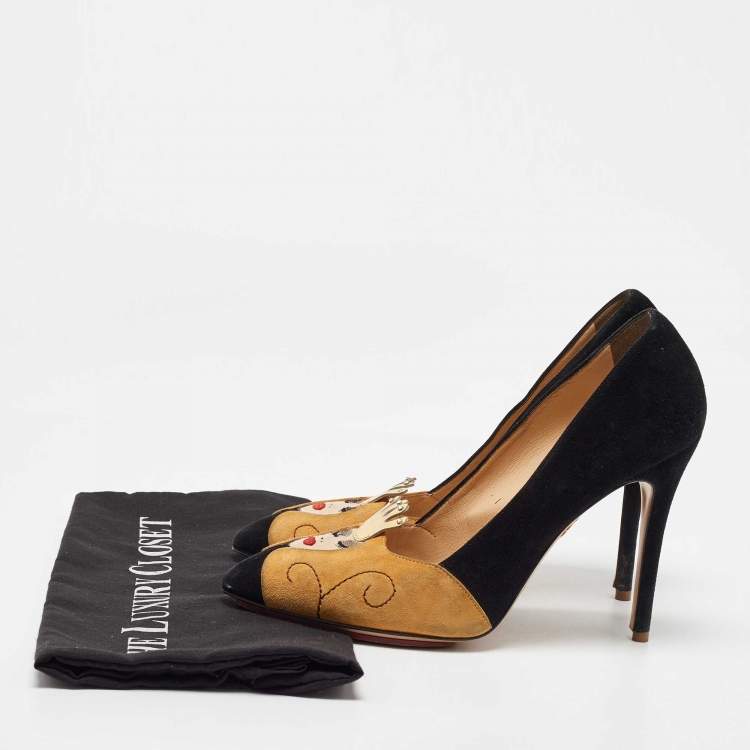 Pre Owned Charlotte Olympia Black/Yellow Suede Sleeping Beauty Pumps Size 37.5