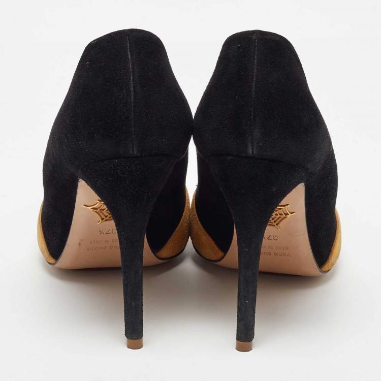 Pre Owned Charlotte Olympia Black/Yellow Suede Sleeping Beauty Pumps Size 37.5