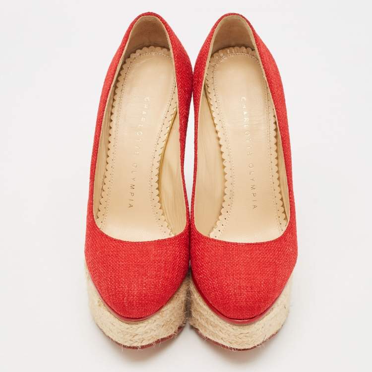 Pre Owned Charlotte Olympia Red Canvas Carmen Espadrille Platform Wedge Pumps Size 34