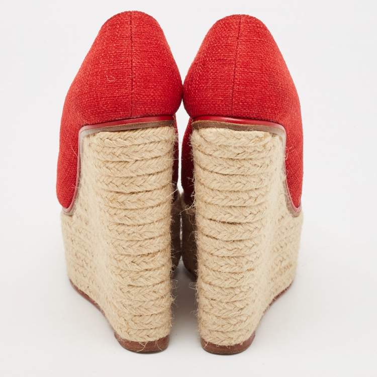 Pre Owned Charlotte Olympia Red Canvas Carmen Espadrille Platform Wedge Pumps Size 34