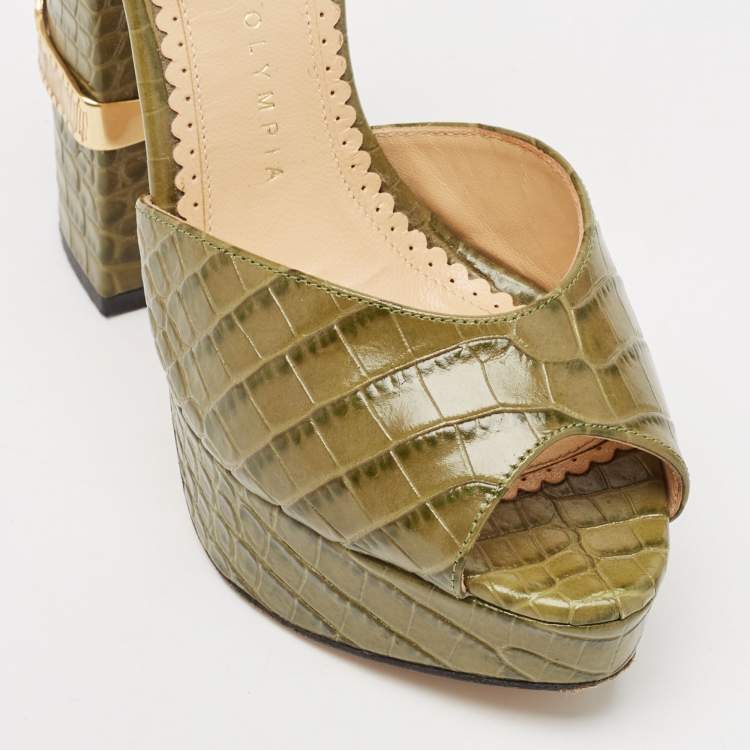مملوكة مسبقًا Charlotte Olympia Green Croc Embossed Leather Eugenie Platform Sandals Size 36