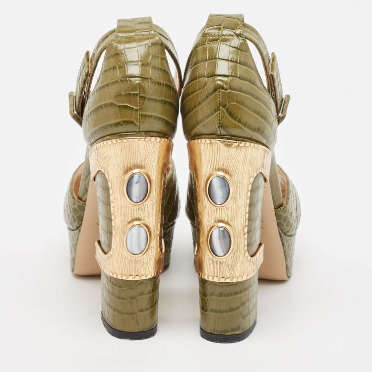 مملوكة مسبقًا Charlotte Olympia Green Croc Embossed Leather Eugenie Platform Sandals Size 36