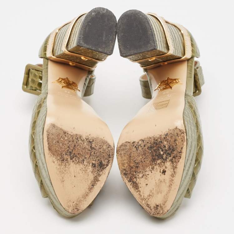 مملوكة مسبقًا Charlotte Olympia Green Croc Embossed Leather Eugenie Platform Sandals Size 36
