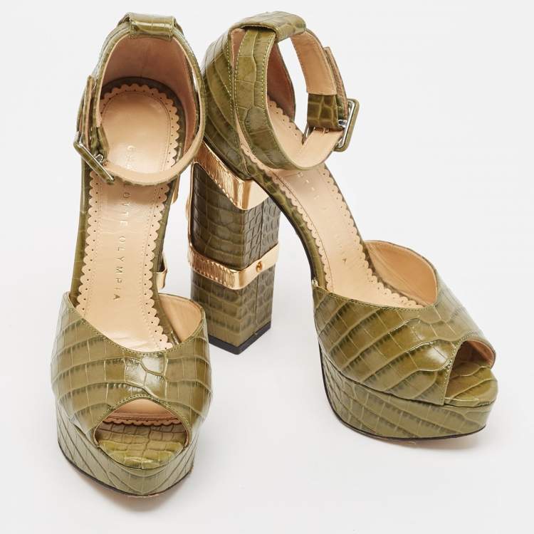 مملوكة مسبقًا Charlotte Olympia Green Croc Embossed Leather Eugenie Platform Sandals Size 36