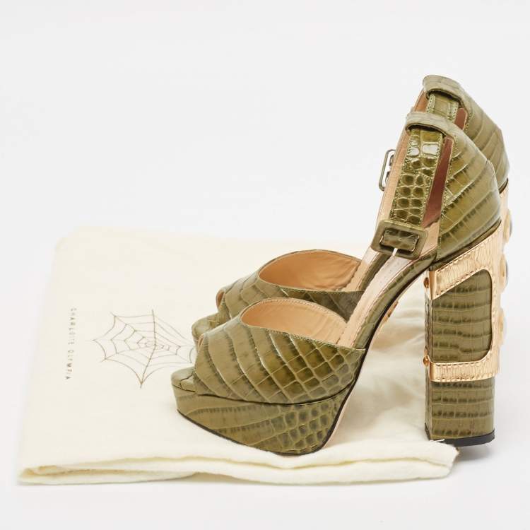 مملوكة مسبقًا Charlotte Olympia Green Croc Embossed Leather Eugenie Platform Sandals Size 36