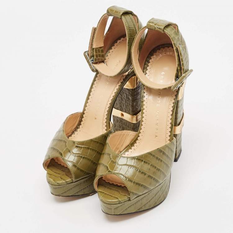 مملوكة مسبقًا Charlotte Olympia Green Croc Embossed Leather Eugenie Platform Sandals Size 36
