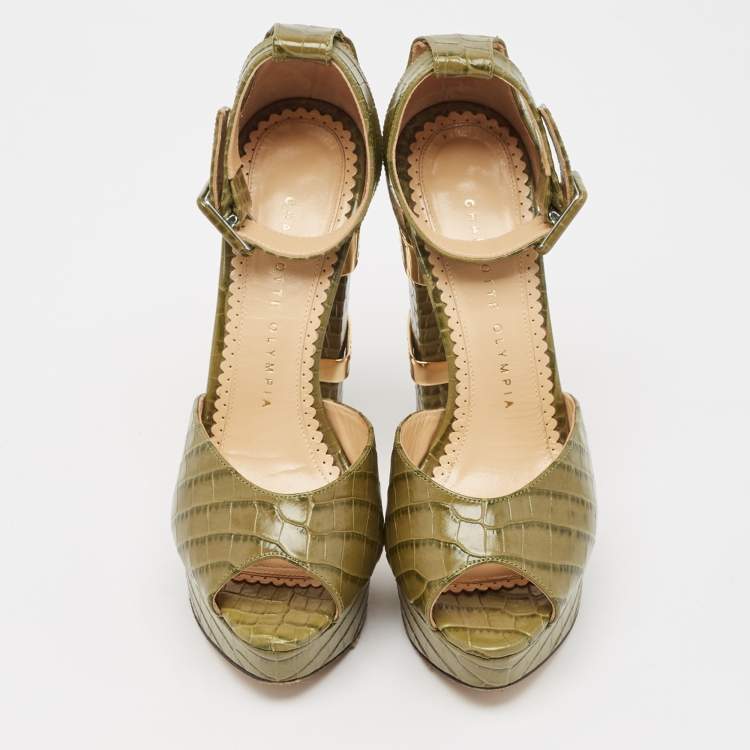 مملوكة مسبقًا Charlotte Olympia Green Croc Embossed Leather Eugenie Platform Sandals Size 36