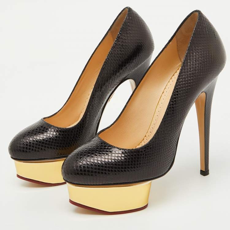 Pre Owned Charlotte Olympia Black Karung Leather Dolly Platform Pumps Size 36